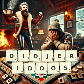 Creative illustration for a Scrabble game with the word DIDJERIDOOS spelled out in tiles on the board.