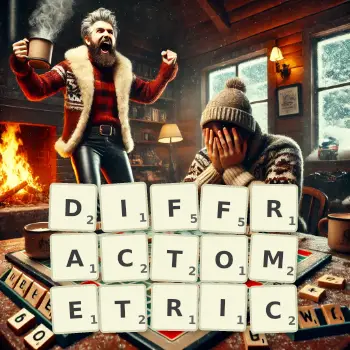Creative illustration for a Scrabble game with the word DIFFRACTOMETRIC spelled out in tiles on the board.