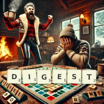 Creative illustration for a Scrabble game with the word DIGEST spelled out in tiles on the board.