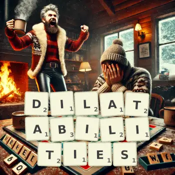 Creative illustration for a Scrabble game with the word DILATABILITIES spelled out in tiles on the board.