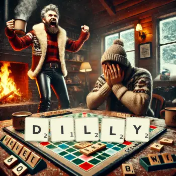 Creative illustration for a Scrabble game with the word DILLY spelled out in tiles on the board.