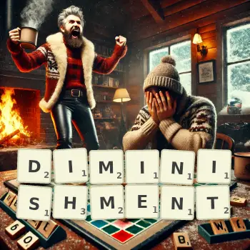 Creative illustration for a Scrabble game with the word DIMINISHMENT spelled out in tiles on the board.