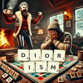Creative illustration for a Scrabble game with the word DIORISM spelled out in tiles on the board.