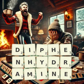 Creative illustration for a Scrabble game with the word DIPHENHYDRAMINE spelled out in tiles on the board.