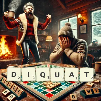 Creative illustration for a Scrabble game with the word DIQUAT spelled out in tiles on the board.