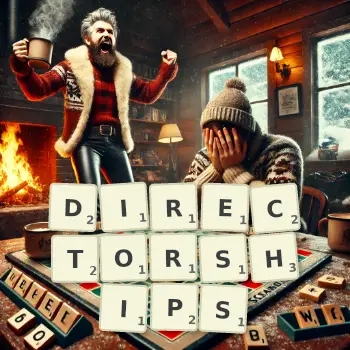 Creative illustration for a Scrabble game with the word DIRECTORSHIPS spelled out in tiles on the board.