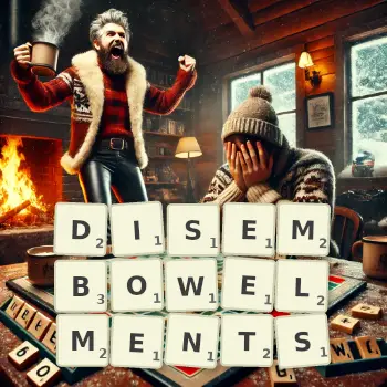 Creative illustration for a Scrabble game with the word DISEMBOWELMENTS spelled out in tiles on the board.