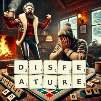 Creative illustration for a Scrabble game with the word DISFEATURE spelled out in tiles on the board.
