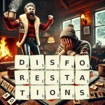 Creative illustration for a Scrabble game with the word DISFORESTATIONS spelled out in tiles on the board.
