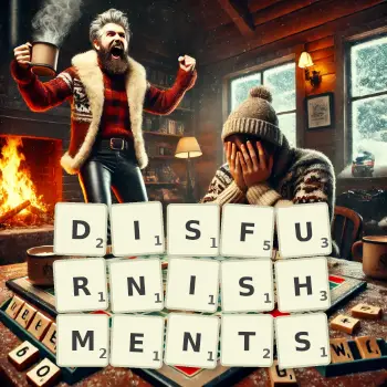 Creative illustration for a Scrabble game with the word DISFURNISHMENTS spelled out in tiles on the board.