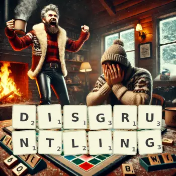 Creative illustration for a Scrabble game with the word DISGRUNTLING spelled out in tiles on the board.