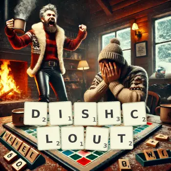 Creative illustration for a Scrabble game with the word DISHCLOUT spelled out in tiles on the board.