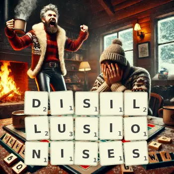 Creative illustration for a Scrabble game with the word DISILLUSIONISES spelled out in tiles on the board.