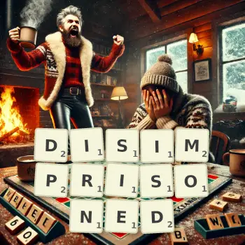 Creative illustration for a Scrabble game with the word DISIMPRISONED spelled out in tiles on the board.