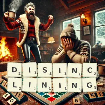 Creative illustration for a Scrabble game with the word DISINCLINING spelled out in tiles on the board.