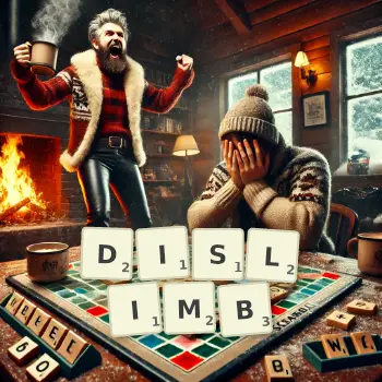 Creative illustration for a Scrabble game with the word DISLIMB spelled out in tiles on the board.