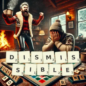 Creative illustration for a Scrabble game with the word DISMISSIBLE spelled out in tiles on the board.