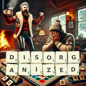 Creative illustration for a Scrabble game with the word DISORGANIZED spelled out in tiles on the board.