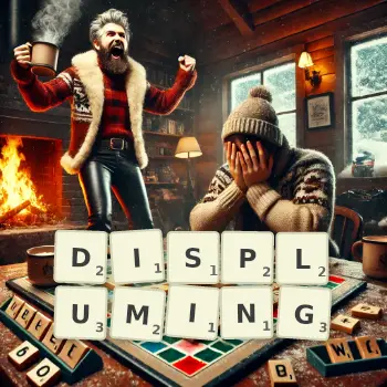 Creative illustration for a Scrabble game with the word DISPLUMING spelled out in tiles on the board.