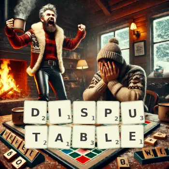 Creative illustration for a Scrabble game with the word DISPUTABLE spelled out in tiles on the board.