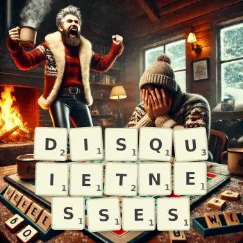 Creative illustration for a Scrabble game with the word DISQUIETNESSES spelled out in tiles on the board.
