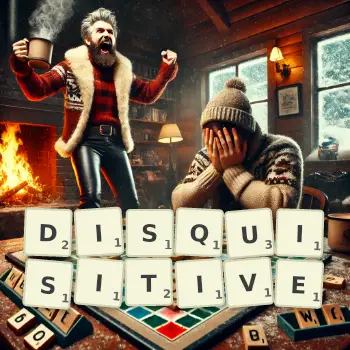 Creative illustration for a Scrabble game with the word DISQUISITIVE spelled out in tiles on the board.
