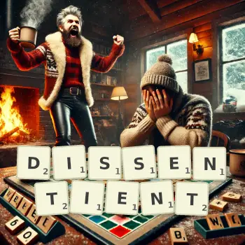 Creative illustration for a Scrabble game with the word DISSENTIENT spelled out in tiles on the board.