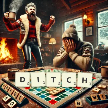 Creative illustration for a Scrabble game with the word DITCH spelled out in tiles on the board.