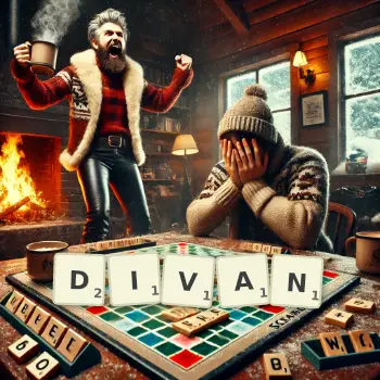 Creative illustration for a Scrabble game with the word DIVAN spelled out in tiles on the board.