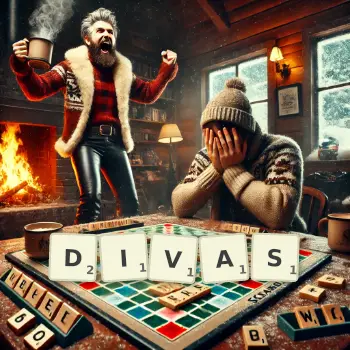 Creative illustration for a Scrabble game with the word DIVAS spelled out in tiles on the board.