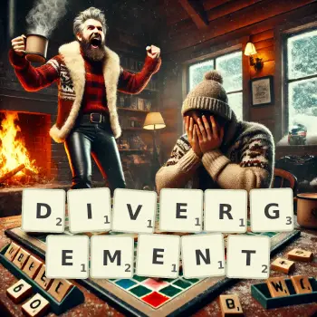 Creative illustration for a Scrabble game with the word DIVERGEMENT spelled out in tiles on the board.