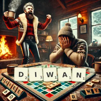 Creative illustration for a Scrabble game with the word DIWAN spelled out in tiles on the board.