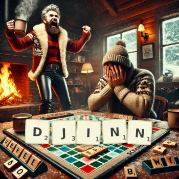Creative illustration for a Scrabble game with the word DJINN spelled out in tiles on the board.