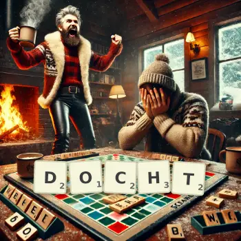 Creative illustration for a Scrabble game with the word DOCHT spelled out in tiles on the board.