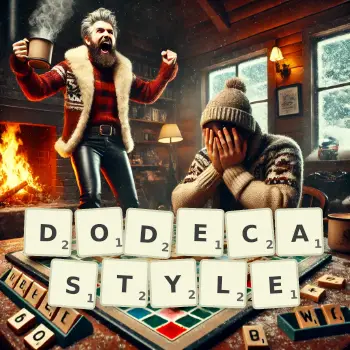 Creative illustration for a Scrabble game with the word DODECASTYLE spelled out in tiles on the board.