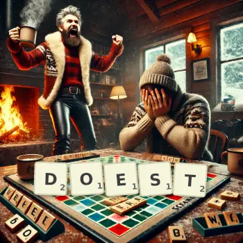 Creative illustration for a Scrabble game with the word DOEST spelled out in tiles on the board.