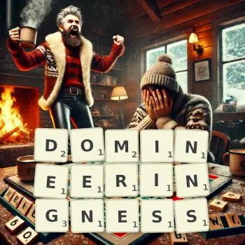 Creative illustration for a Scrabble game with the word DOMINEERINGNESS spelled out in tiles on the board.