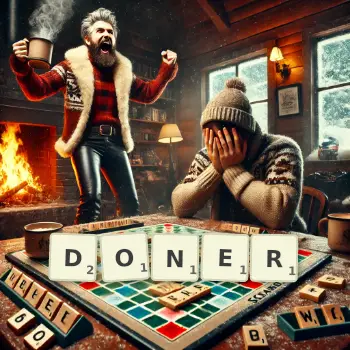 Creative illustration for a Scrabble game with the word DONER spelled out in tiles on the board.