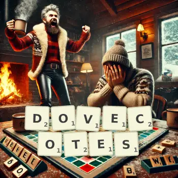 Creative illustration for a Scrabble game with the word DOVECOTES spelled out in tiles on the board.