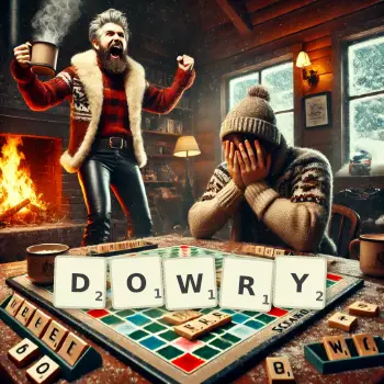 Creative illustration for a Scrabble game with the word DOWRY spelled out in tiles on the board.