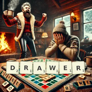 Creative illustration for a Scrabble game with the word DRAWER spelled out in tiles on the board.