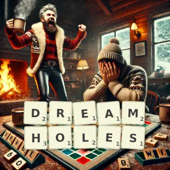 Creative illustration for a Scrabble game with the word DREAMHOLES spelled out in tiles on the board.