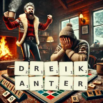 Creative illustration for a Scrabble game with the word DREIKANTER spelled out in tiles on the board.