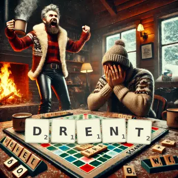 Creative illustration for a Scrabble game with the word DRENT spelled out in tiles on the board.