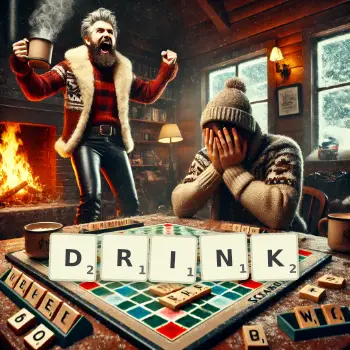 Creative illustration for a Scrabble game with the word DRINK spelled out in tiles on the board.