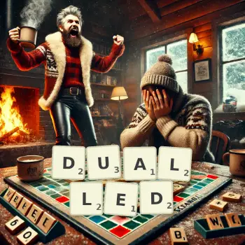 Creative illustration for a Scrabble game with the word DUALLED spelled out in tiles on the board.
