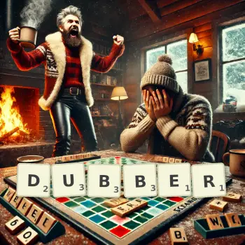 Creative illustration for a Scrabble game with the word DUBBER spelled out in tiles on the board.