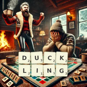 Creative illustration for a Scrabble game with the word DUCKLING spelled out in tiles on the board.