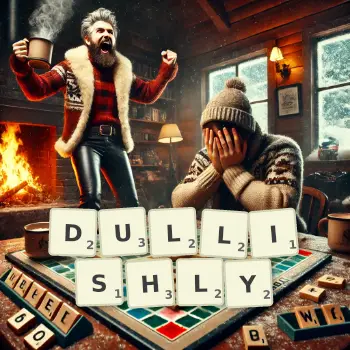 Creative illustration for a Scrabble game with the word DULLISHLY spelled out in tiles on the board.