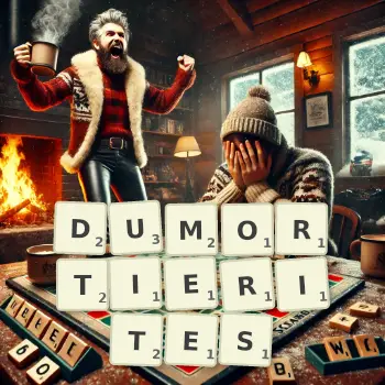 Creative illustration for a Scrabble game with the word DUMORTIERITES spelled out in tiles on the board.